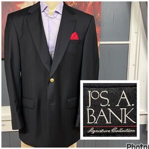 Jos A Bank Blazer Jacket Golden Buttons Mens 43L Long Wool Relaxed Fit Black